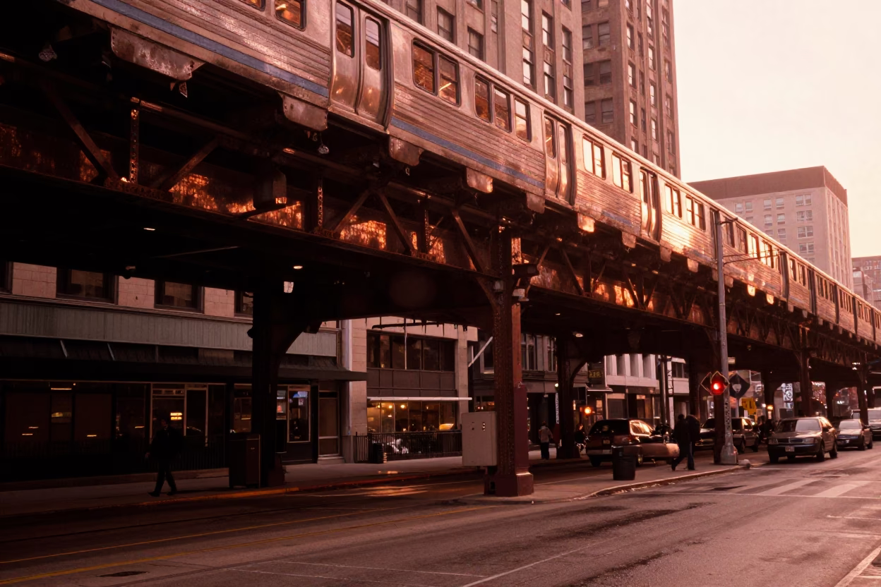 Chicago Street Scene in Copper Dusk Light with Condensation on Metal Handle in in Chicago, Illinois, United States