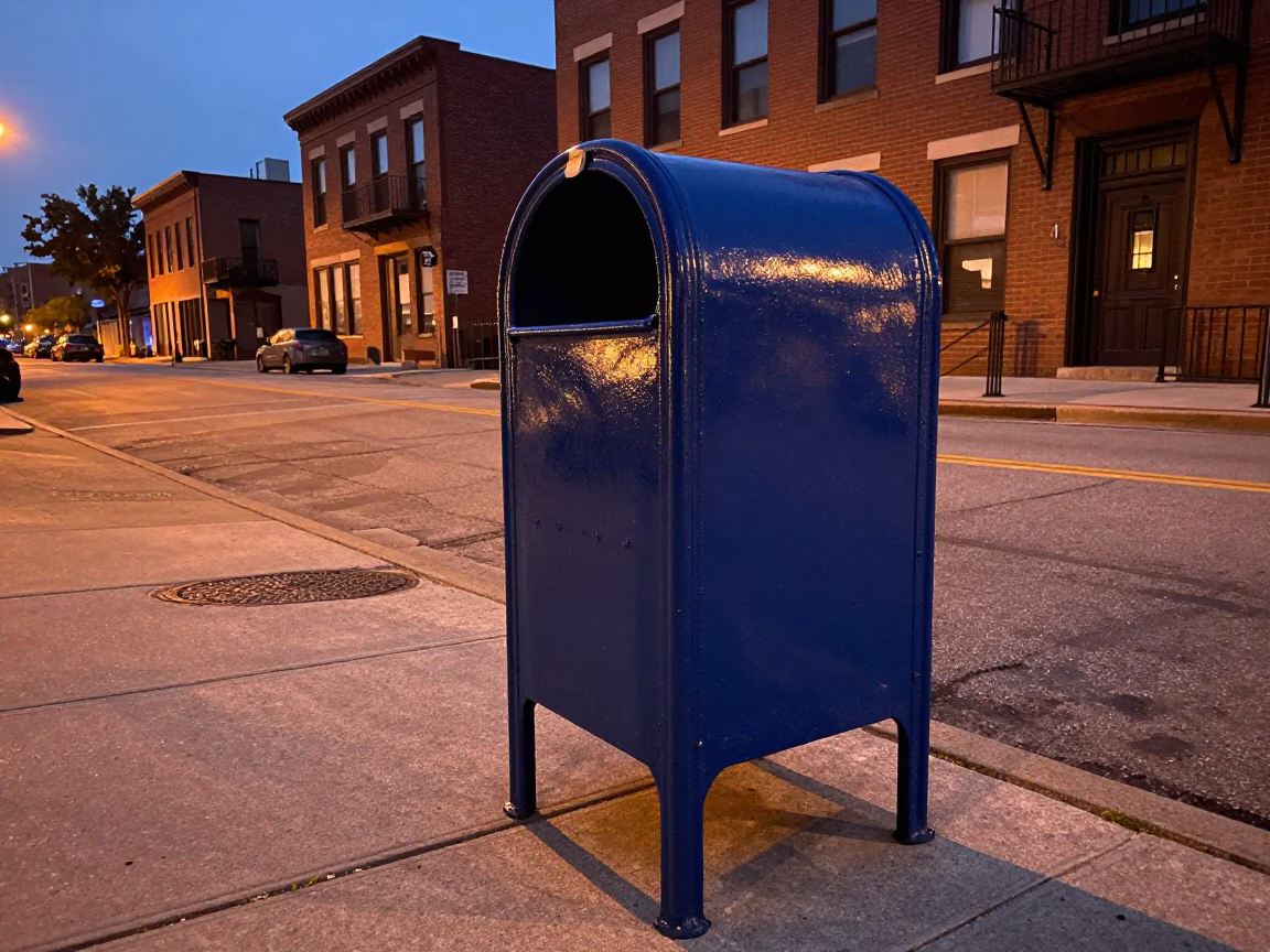 Chicago Street Scene in Copper Dusk Light with Mailbox and Urban Details in in Chicago, Illinois, United States