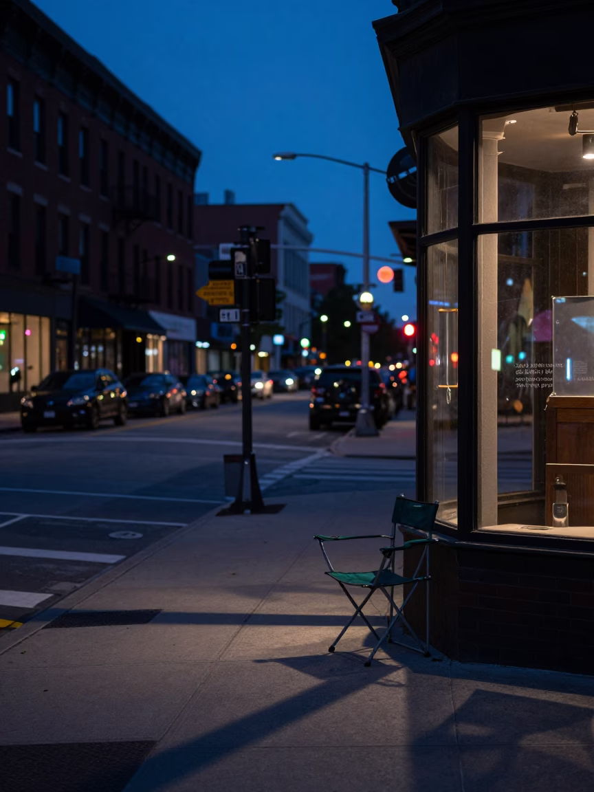 Chicago Street Scene Indigo Twilight with Folding Chair and Potted Geraniums in in Chicago, Illinois, United States