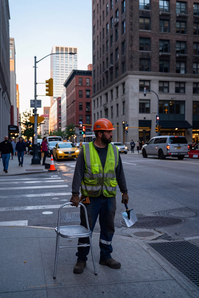 Chicago Street Scene Just After Sunrise with Construction Worker and Folding Chair in in Chicago, Illinois, United States