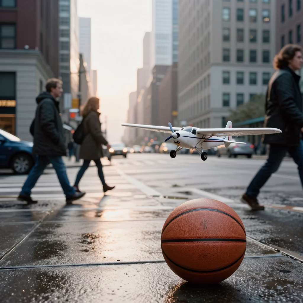 Chicago Street Scene Just After Sunrise with Model Airplane and Leather Basketball on Sidewalk in in Chicago, Illinois, United States