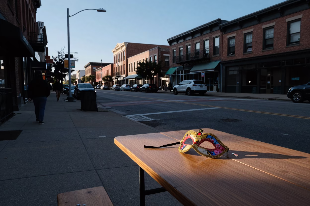Chicago Street Scene Late Afternoon Light with Carnival Mask on Table in in Chicago, Illinois, United States