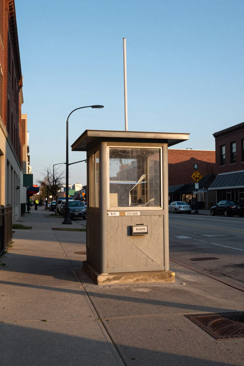 Chicago Street Scene Late Afternoon with Crumbling Weather Station and Brooms in in Chicago, Illinois, United States