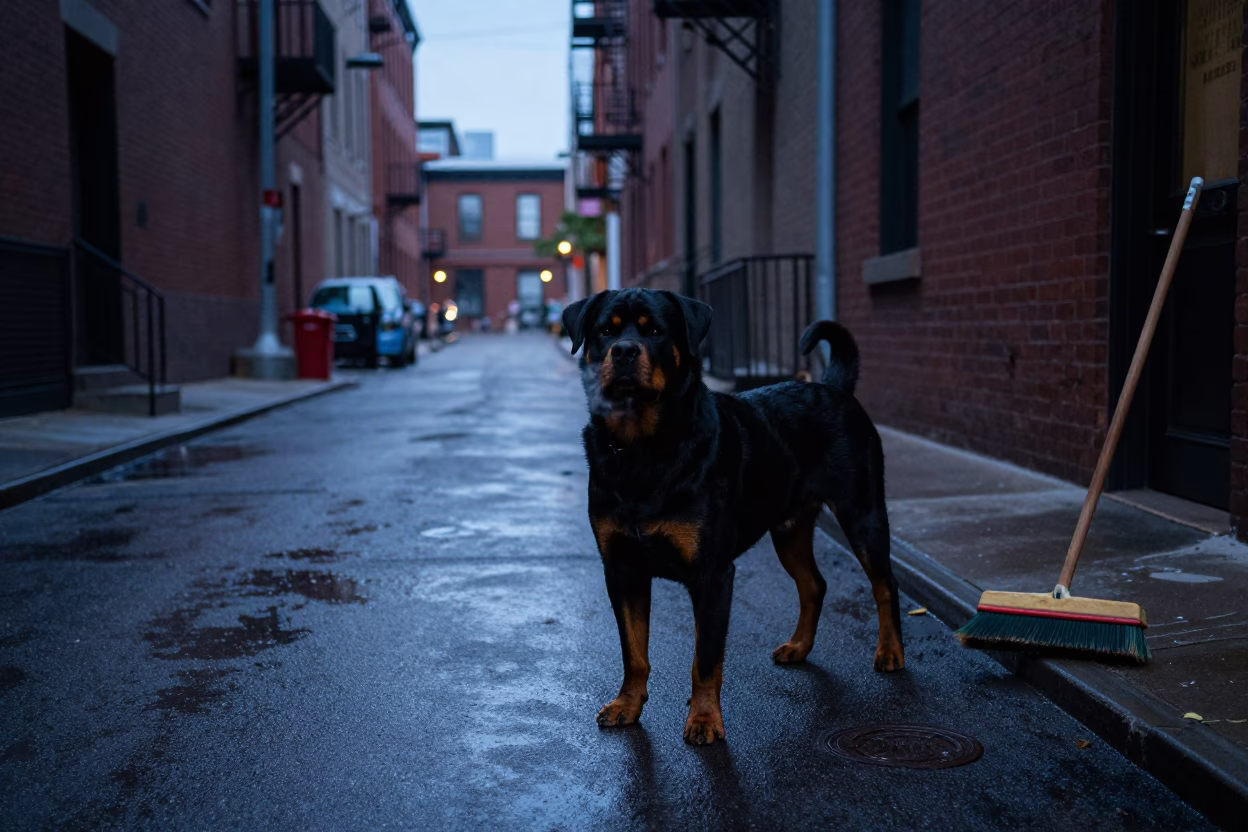 Chicago Street Scene Predawn with Rottweiler and Brooms Near Alleyway in in Chicago, Illinois, United States