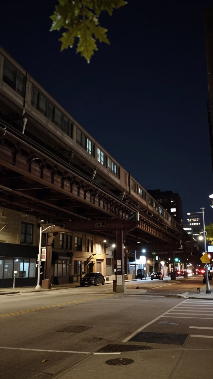 Chicago Street Scene Under Deep Night Sky with Leaf Shadows and Hinge Details in in Chicago, Illinois, United States