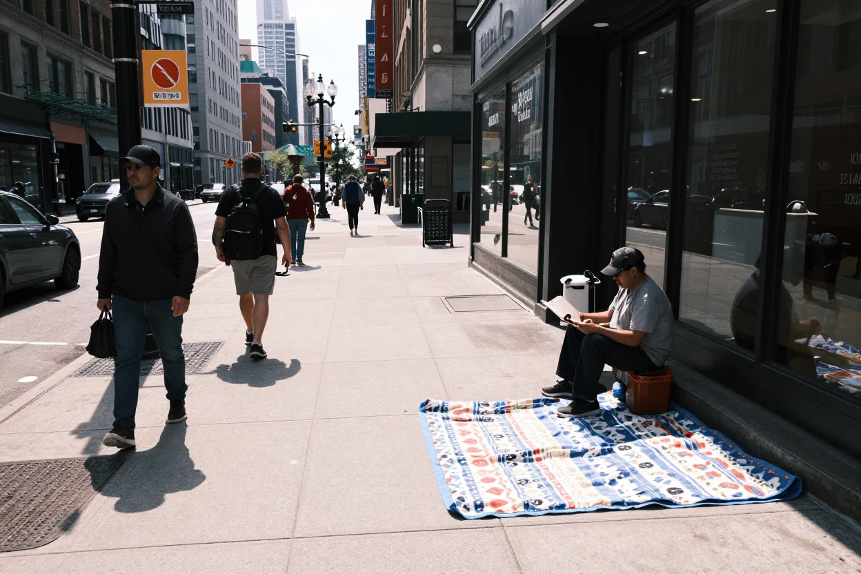 Chicago Street Scene Under Noon Sun with Blankets and Local Interactions in in Chicago, Illinois, United States