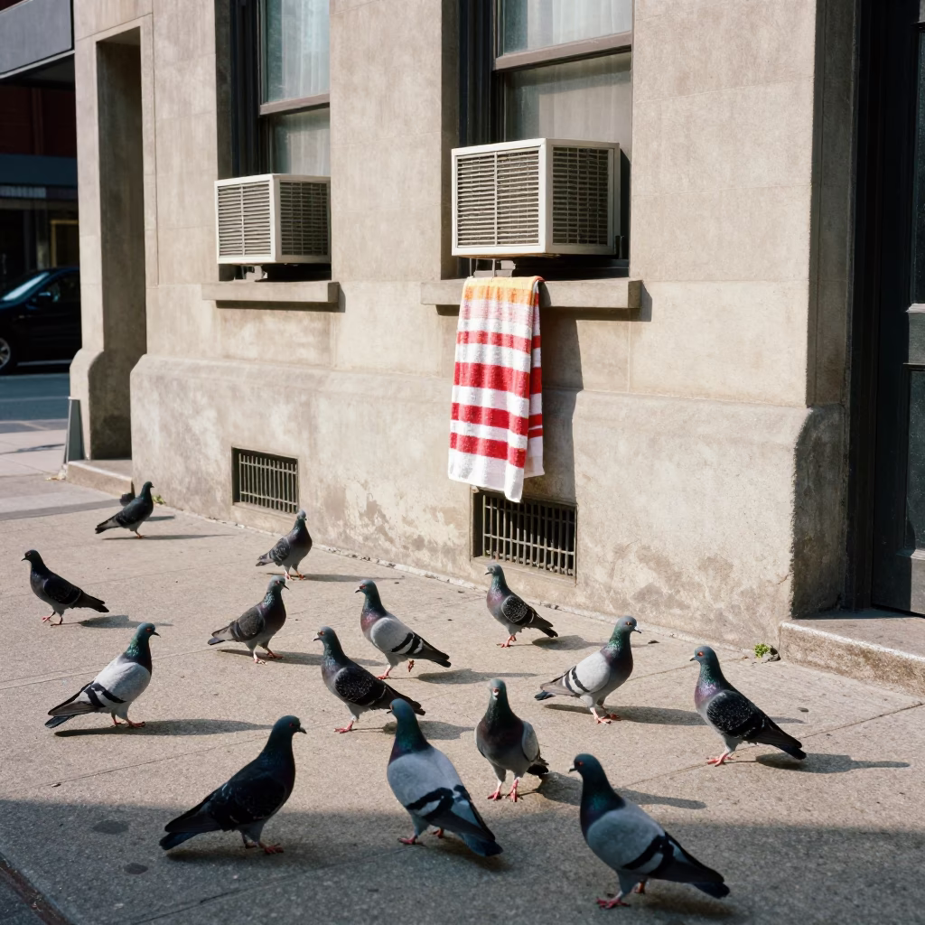 Chicago Street Scene with Pigeons and Striped Towel in Early Afternoon Light in in Chicago, Illinois, United States