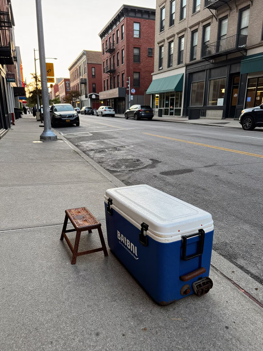 Chicago Street Scene with Rusty Cooler and Step Stool in Early Morning Light in in Chicago, Illinois, United States