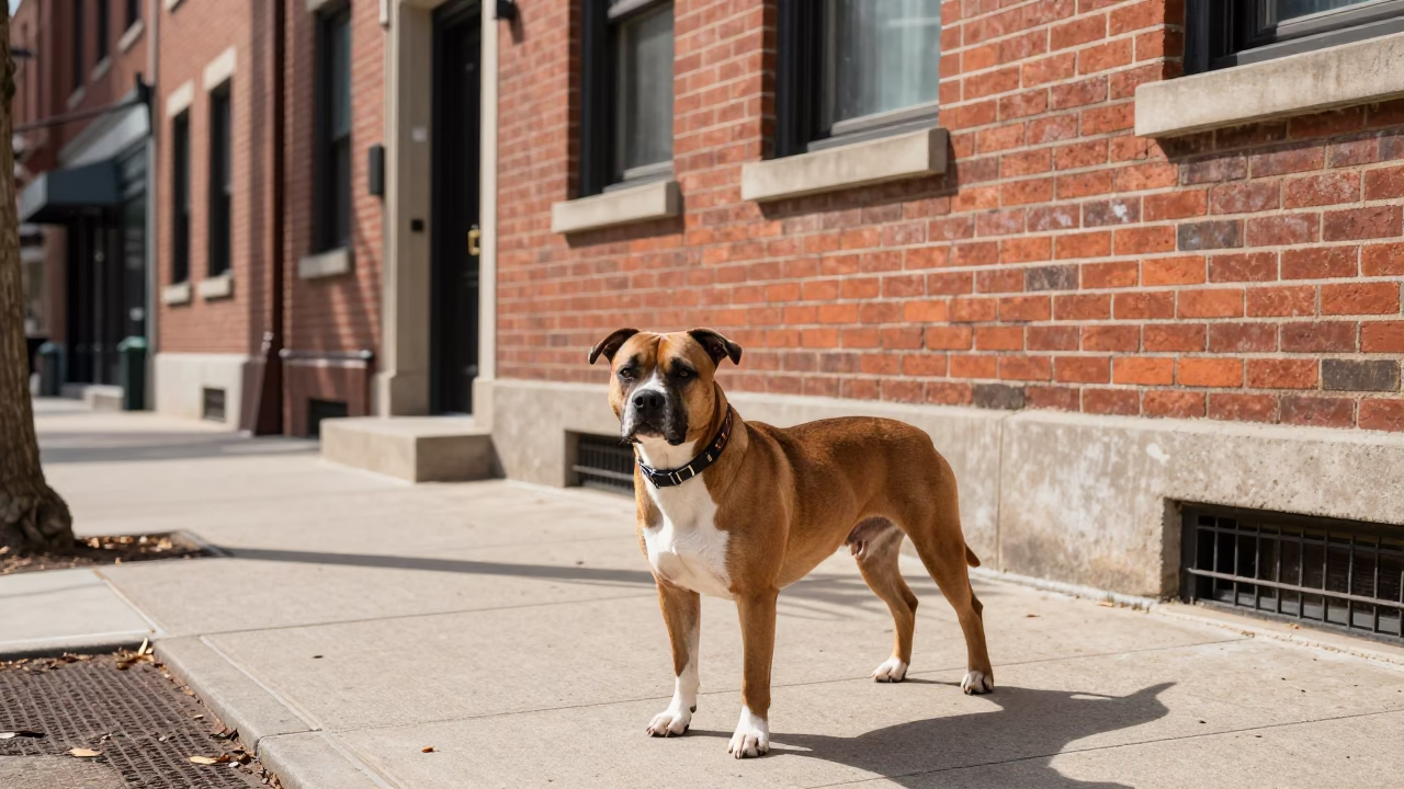 Chicago Street Scene with Staffordshire Bull Terrier and Brick Architecture in Bright Midmorning Light in in Chicago, Illinois, United States