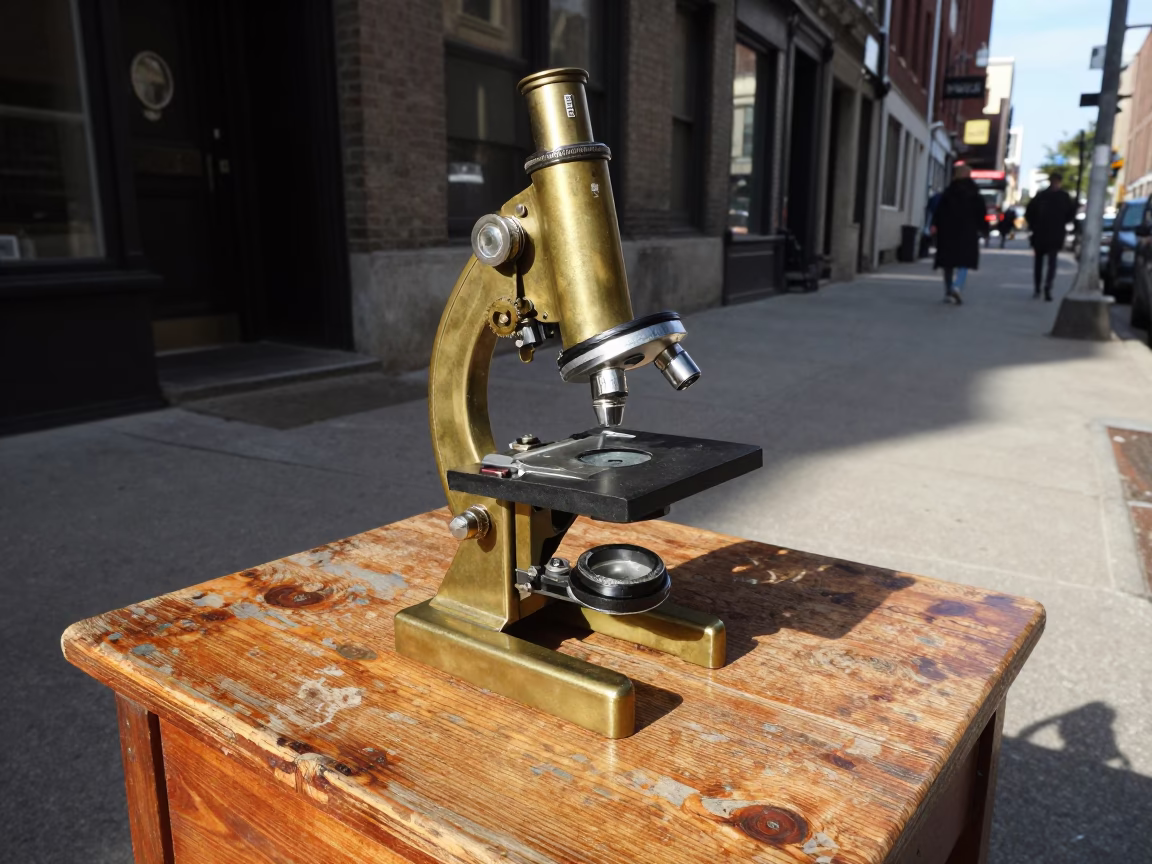 Chicago Street Scene with Vintage Brass Microscope and Glass Slides on Wooden Table in in Chicago, Illinois, United States