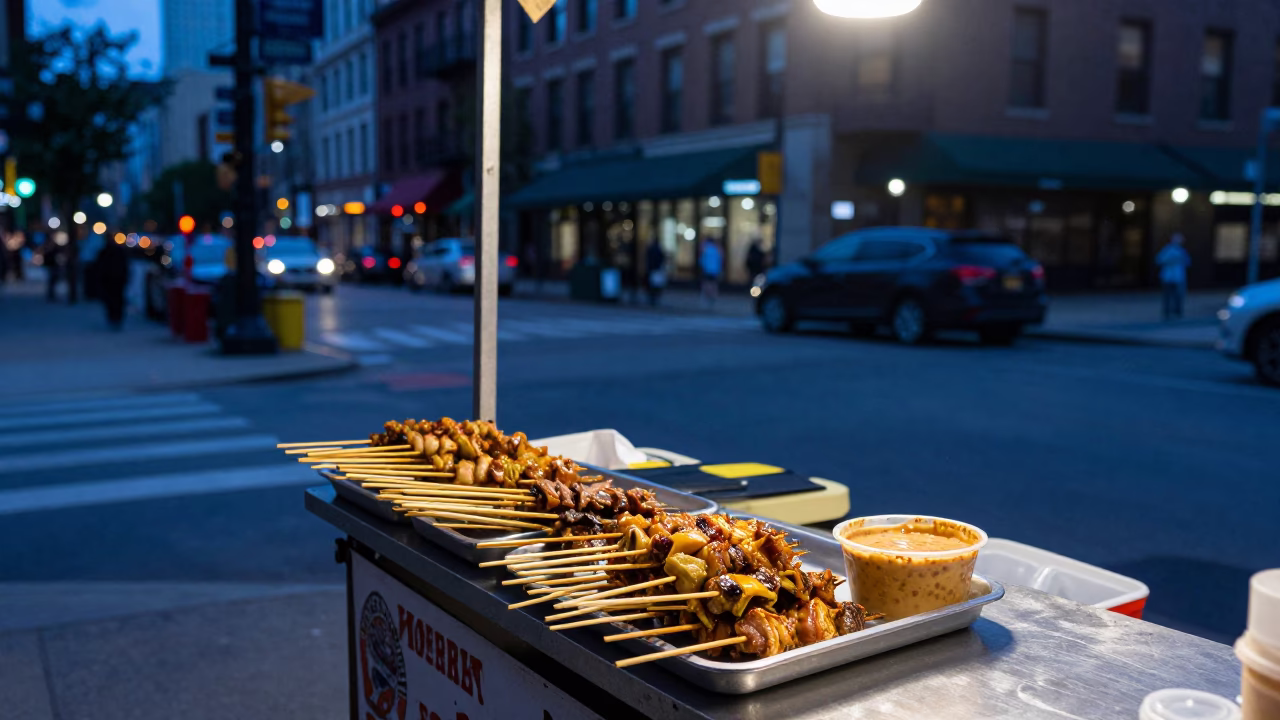 Chicago Street Vendor at Dusk Selling Satay Skewers Near Lake Michigan in in Chicago, Illinois, United States
