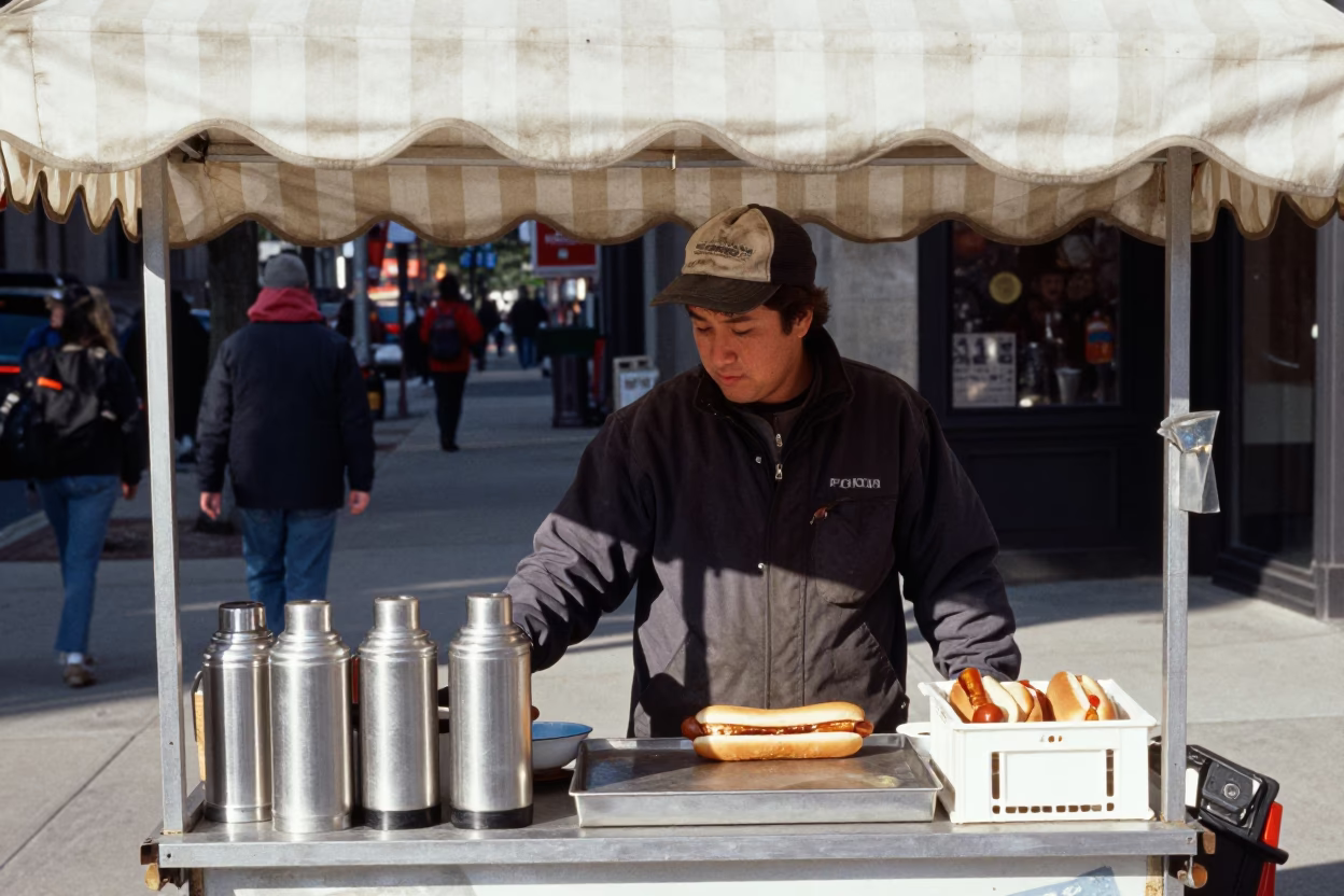 Chicago Street Vendor Late Morning Scene with Thermos and Notebook in in Chicago, Illinois, United States