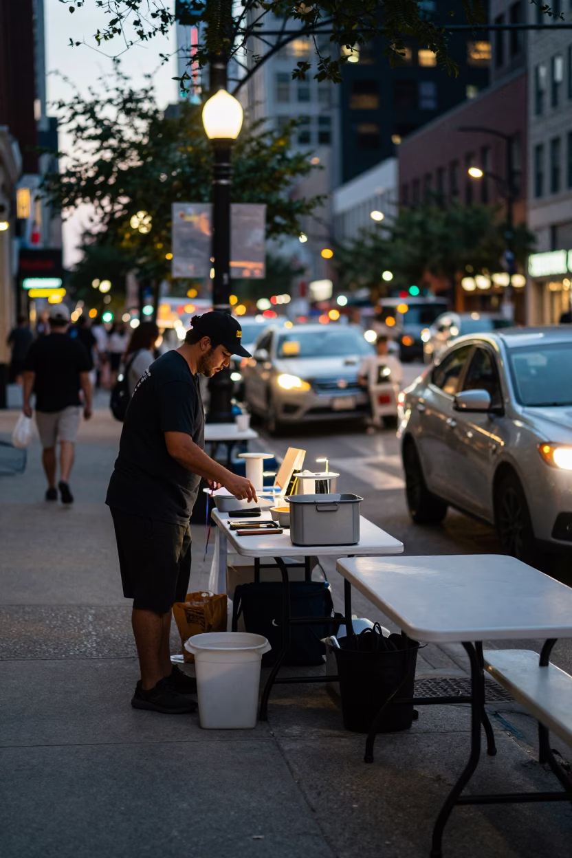 Chicago Street Vendor Night Scene with Folding Tables and City Lights in in Chicago, Illinois, United States
