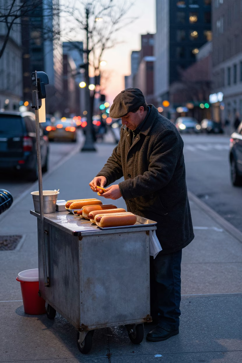 Chicago Street Vendor Preparing Hot Dogs Before Dawn in Illinois City in in Chicago, Illinois, United States