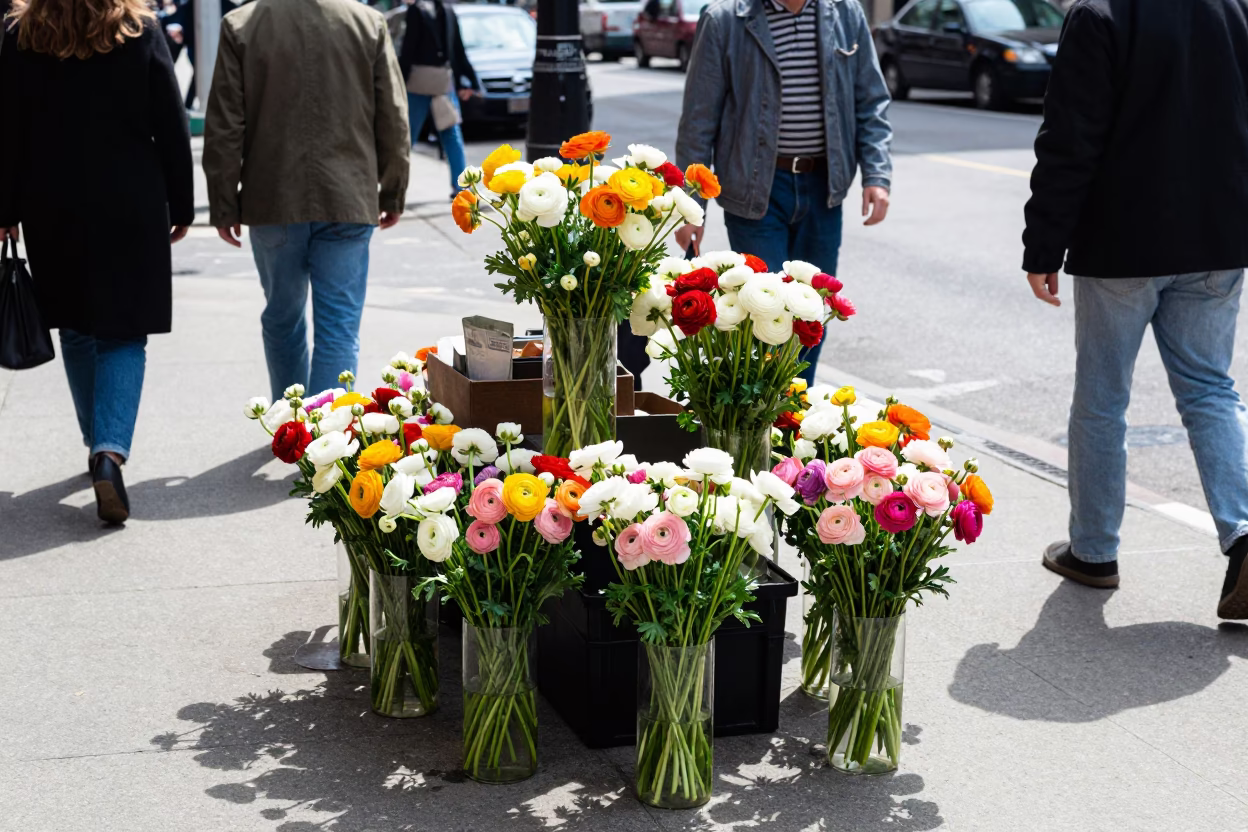 Chicago Street Vendor Selling Ranunculus Bouquets in Glass Jars During Bright Midmorning Light in in Chicago, Illinois, United States