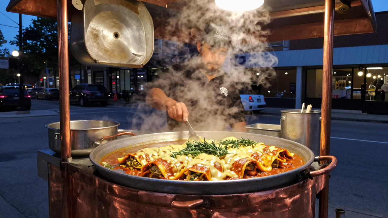 Chicago Street Vendor Serving Enchiladas and Rosemary in Copper Dusk Light in in Chicago, Illinois, United States