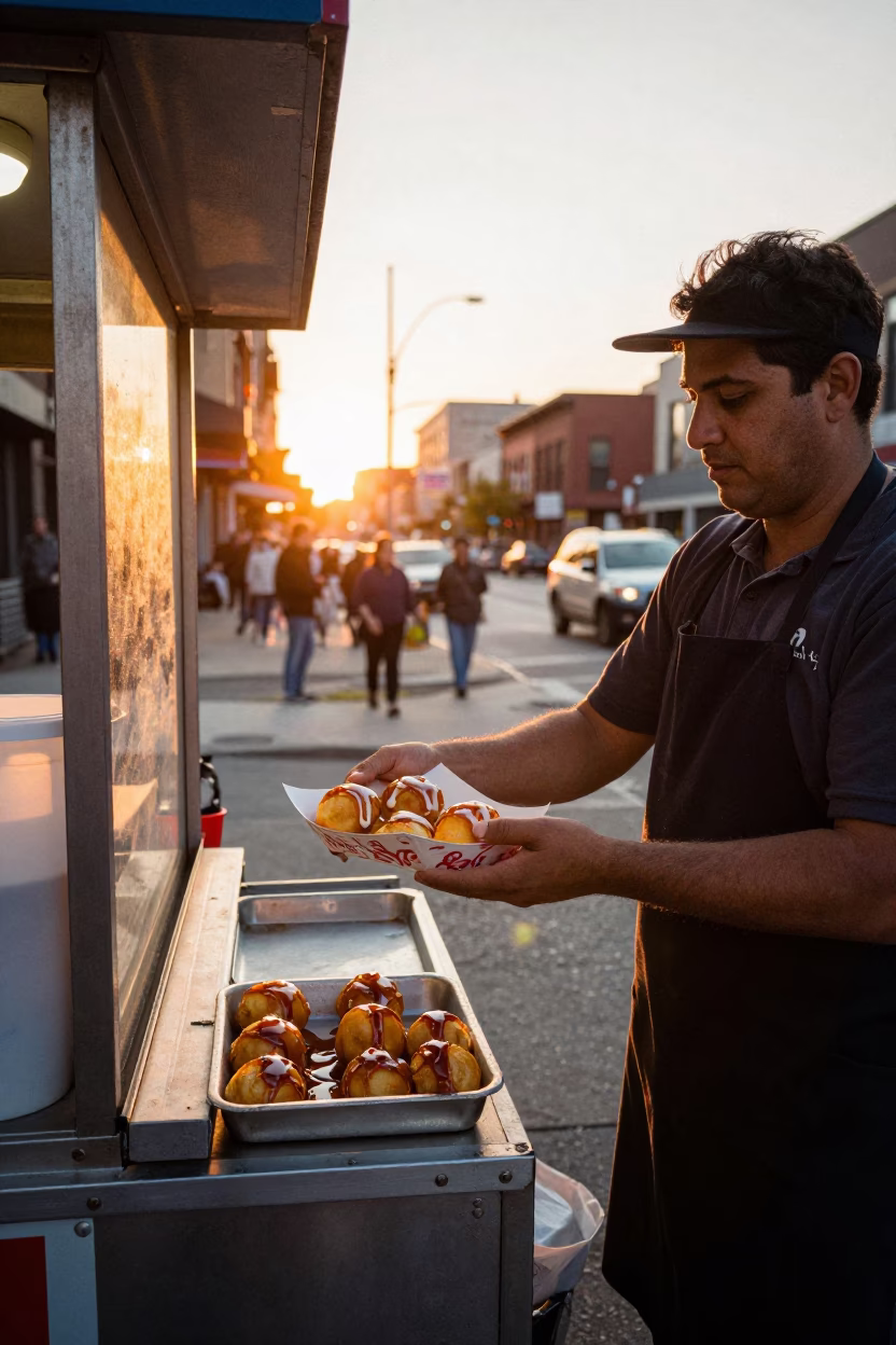 Chicago Street Vendor Serving Loukoumades Honey Pastries at Golden Hour Sunset in in Chicago, Illinois, United States