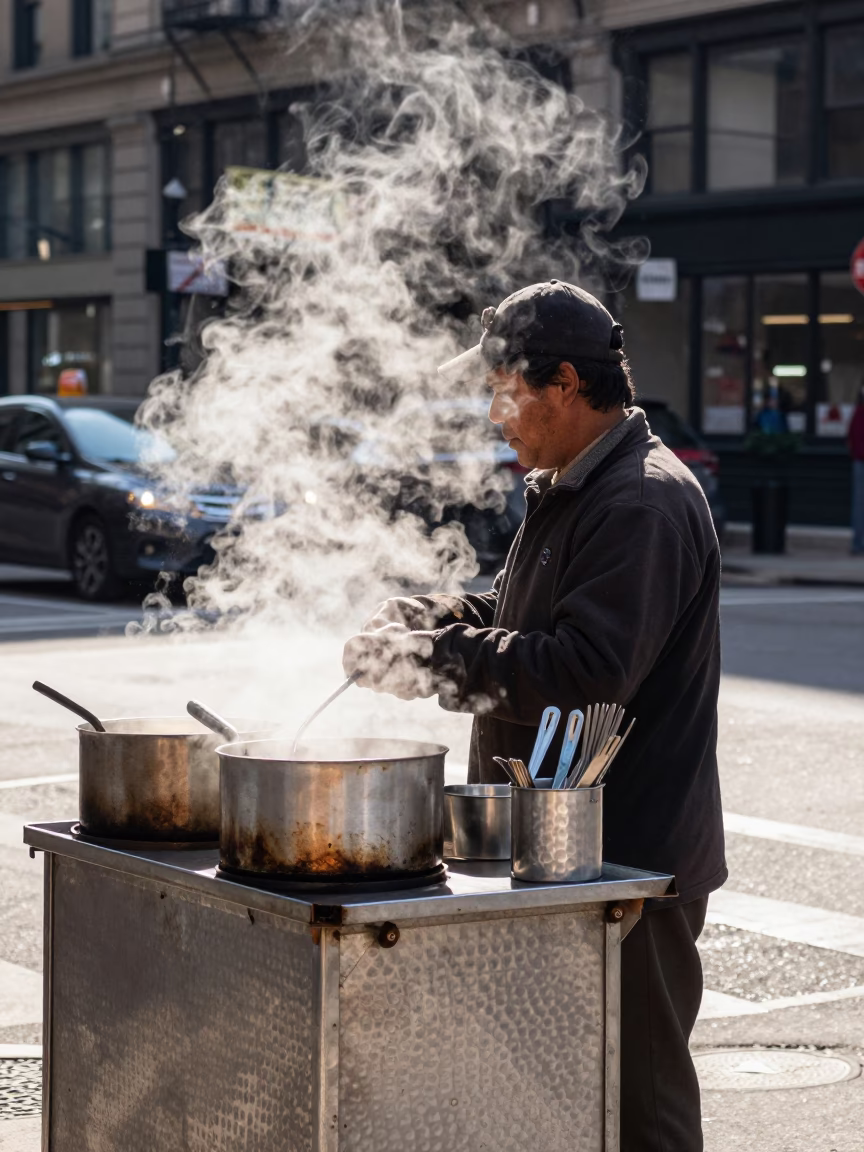 Chicago Street Vendor Steam Haze and Metal Utensils Afternoon in in Chicago, Illinois, United States