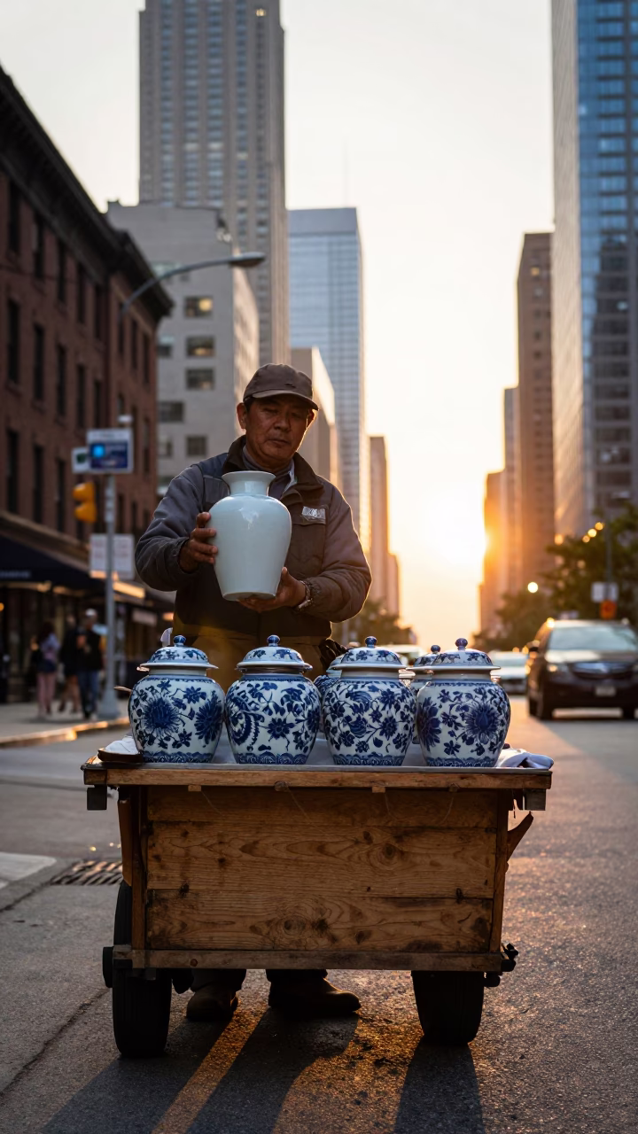 Chicago Street Vendor with Blue and White Porcelain Jar at Golden Hour in in Chicago, Illinois, United States