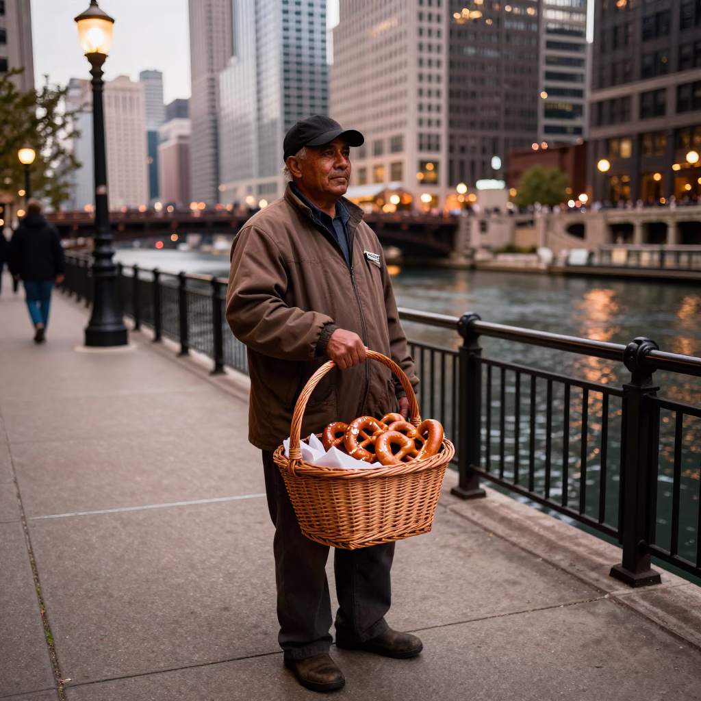 Chicago Street Vendor with Wicker Basket in Copper Toned Light Before Dusk in in Chicago, Illinois, United States