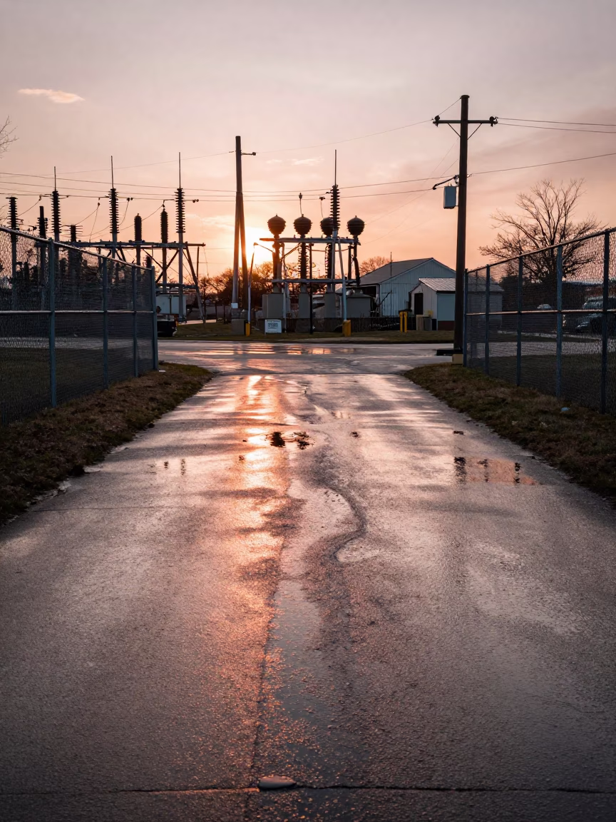 Chicago Substation Access Road with Oil Sheen Rainwater Under Copper Toned Dusk Light in in Chicago, Illinois, United States