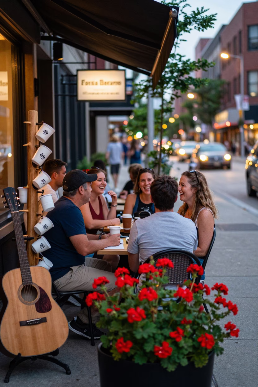 Chicago Summer Evening Street Scene with Geraniums and Guitar in in Chicago, Illinois, United States
