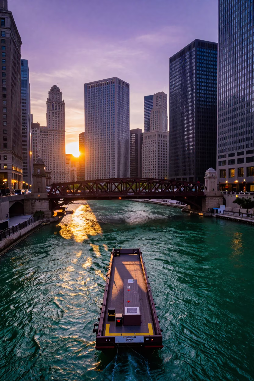 Chicago Sunset Bridge Maintenance Cradle Over Green River with Urban Skyline in in Chicago, Illinois, United States