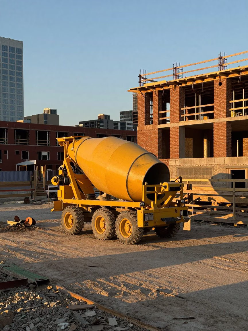Chicago Sunset Construction Site Cement Mixer and Brick Buildings in in Chicago, Illinois, United States