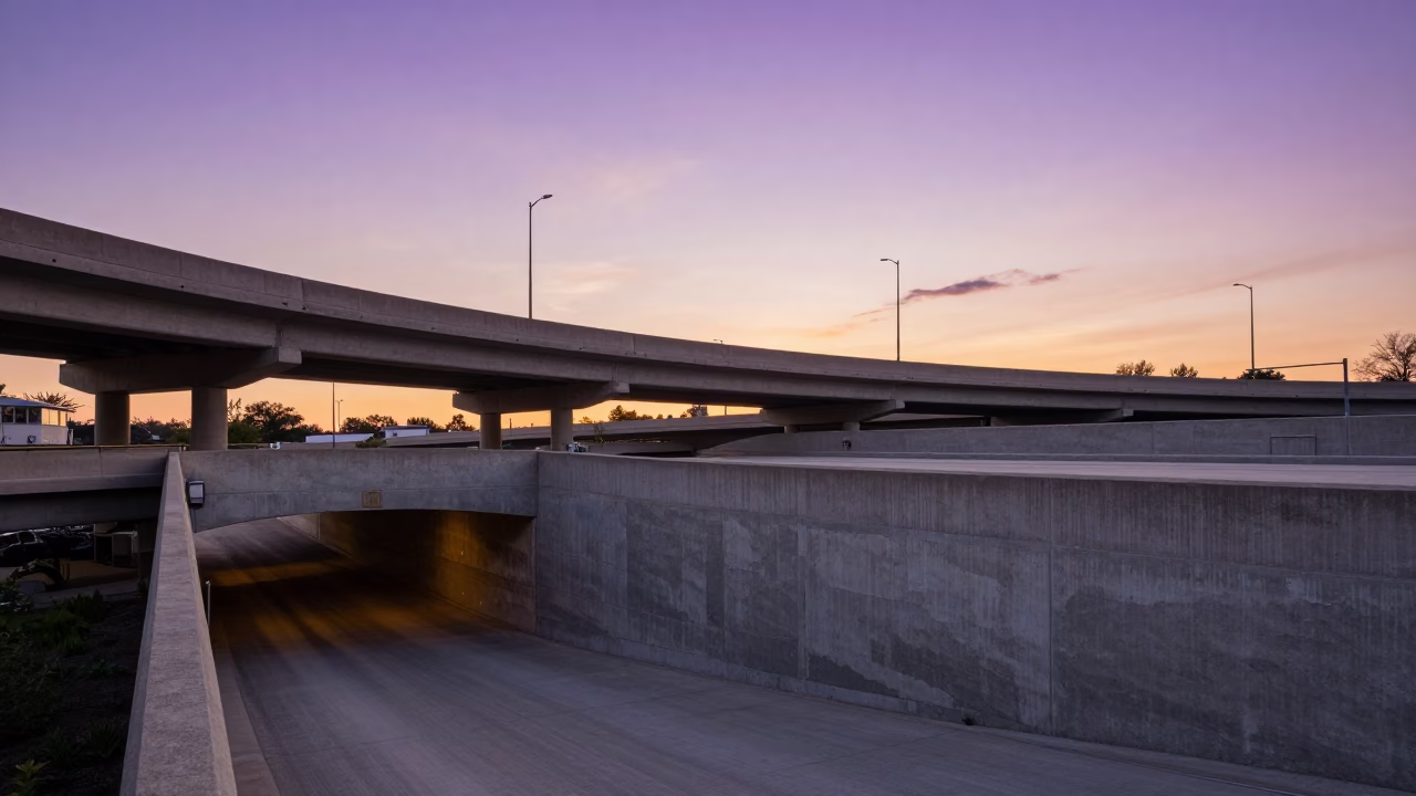 Chicago Sunset Overpass Interchange Violet Sky with Crowbar and Urban Concrete Tunnel in in Chicago, Illinois, United States