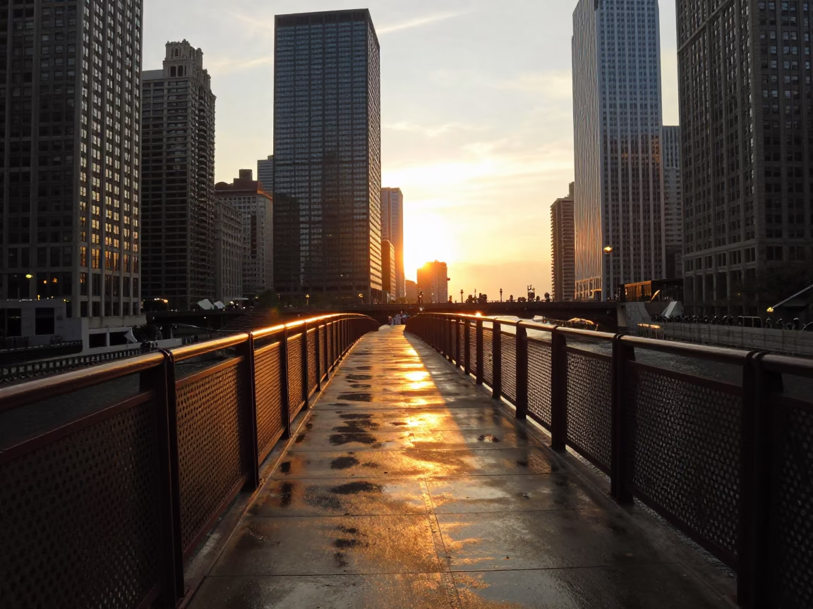 Chicago Sunset Pedestrian Overpass Perforated Metal and Wet Footsteps Urban Scene in in Chicago, Illinois, United States