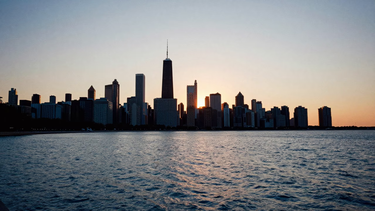 Chicago Sunset Skyline View from Navy Pier with Lake Michigan and City Lights in in Chicago, Illinois, United States