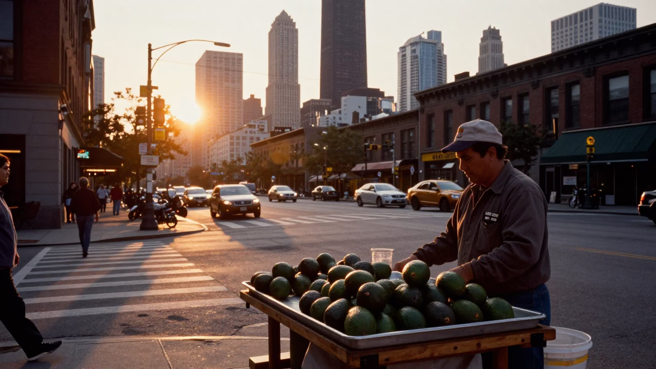 Chicago Sunset Street Scene with Avocados and Urban Life in in Chicago, Illinois, United States