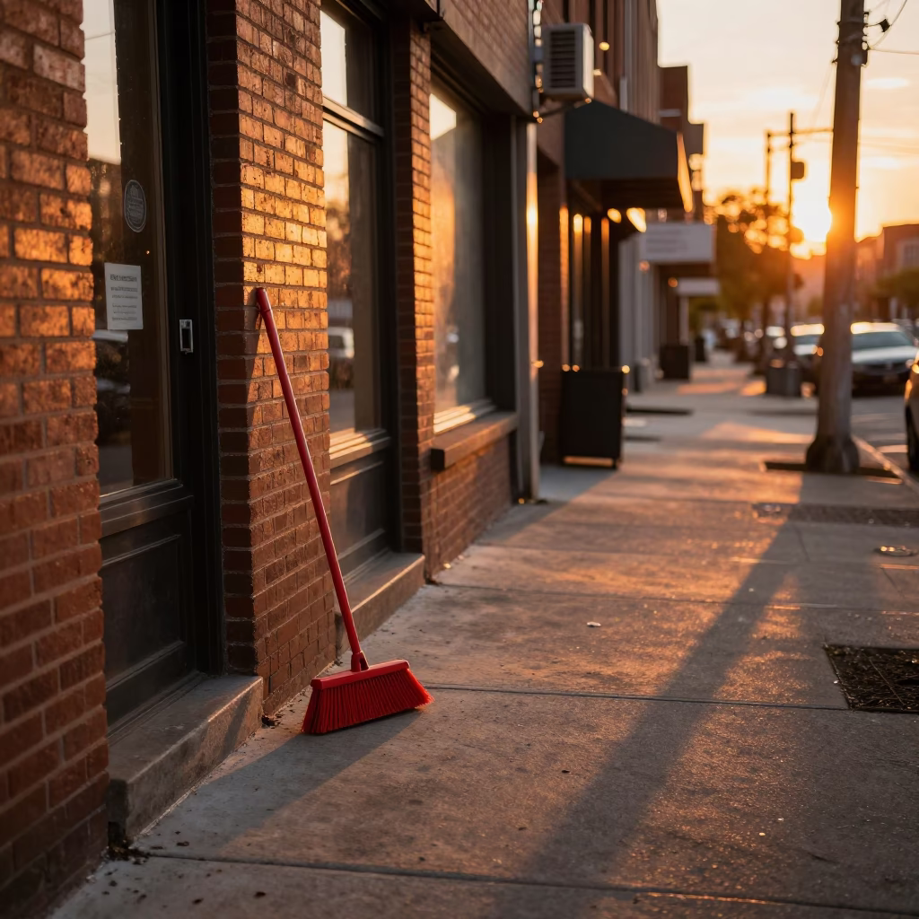 Chicago Sunset Street Scene with Broom and Urban Details in in Chicago, Illinois, United States