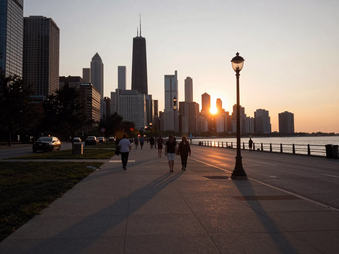 Chicago Sunset Street Scene with Cityscape and Urban Details in in Chicago, Illinois, United States