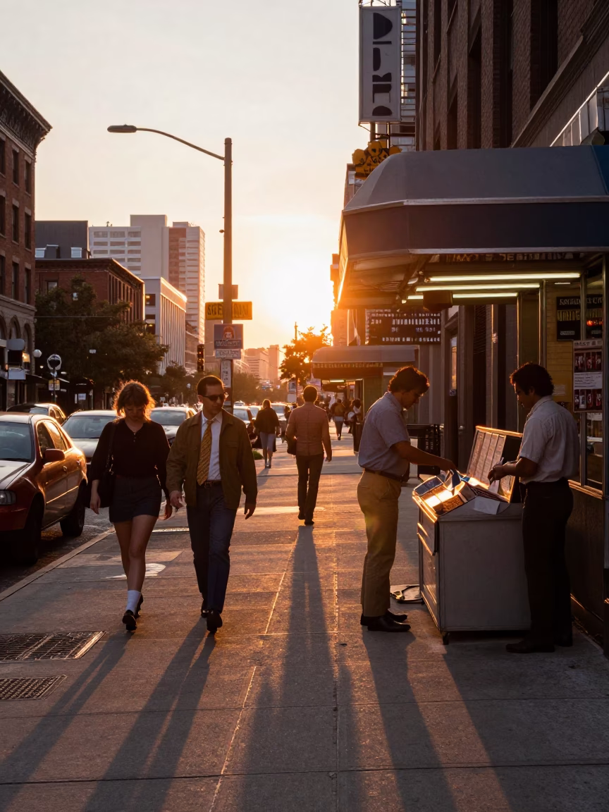 Chicago sunset street scene with commuters and urban details in in Chicago, Illinois, United States