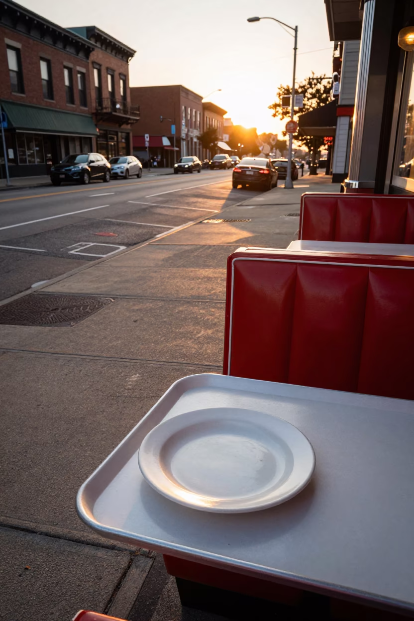 Chicago Sunset Street Scene with Diner Tray of Spanish Churros and Hot Chocolate in in Chicago, Illinois, United States