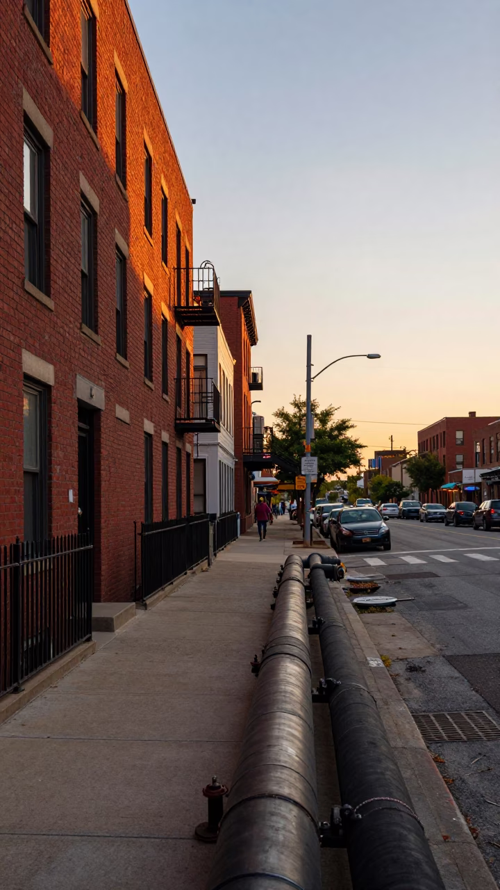 Chicago Sunset Street Scene with District Heating Pipes and Urban Architecture in in Chicago, Illinois, United States