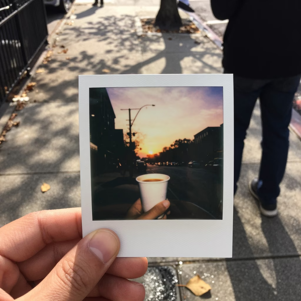 Chicago Sunset Street Scene with Espresso Cup and Leaf Shadows on Drain in in Chicago, Illinois, United States