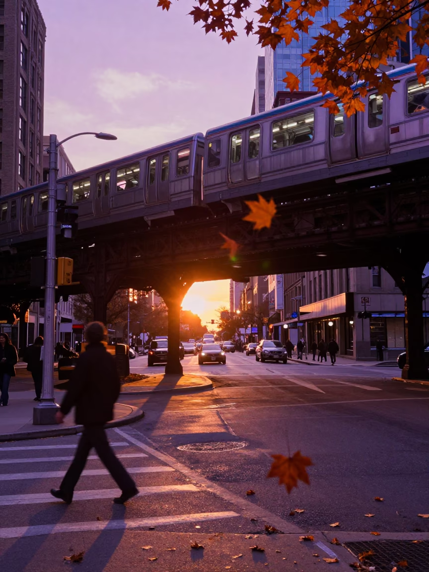 Chicago Sunset Street Scene with Falling Autumn Leaves and Urban Transit in in Chicago, Illinois, United States