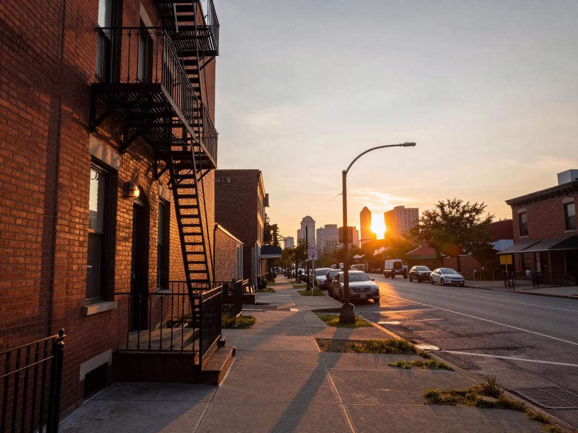 Chicago Sunset Street Scene with Fire Escape and Urban Details in in Chicago, Illinois, United States