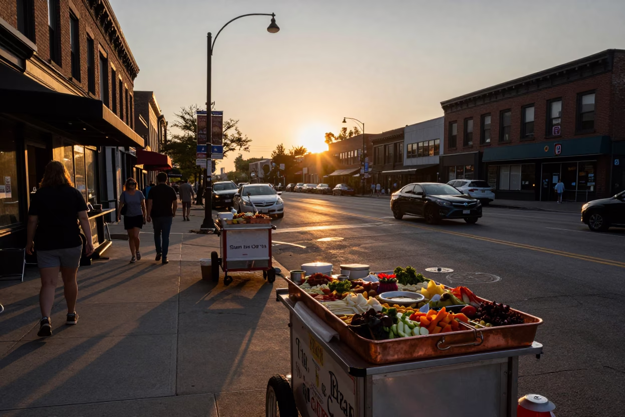 Chicago Sunset Street Scene with Food Vendors and Urban Architecture in in Chicago, Illinois, United States