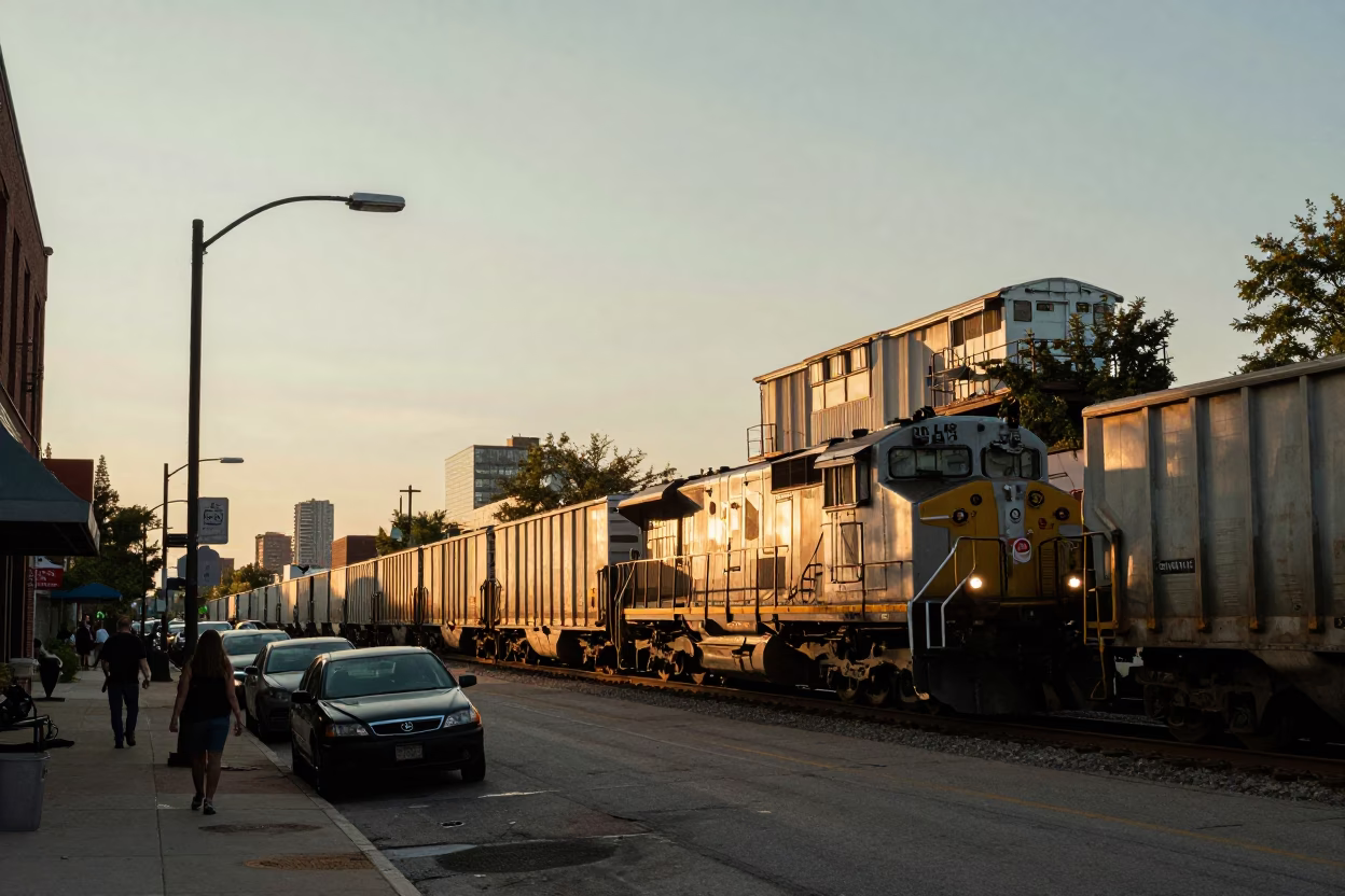 Chicago Sunset Street Scene with Freight Train and Urban Reflections in in Chicago, Illinois, United States
