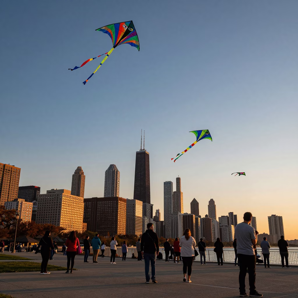 Chicago Sunset Street Scene with Kites Flying Over Urban Skyline in in Chicago, Illinois, United States