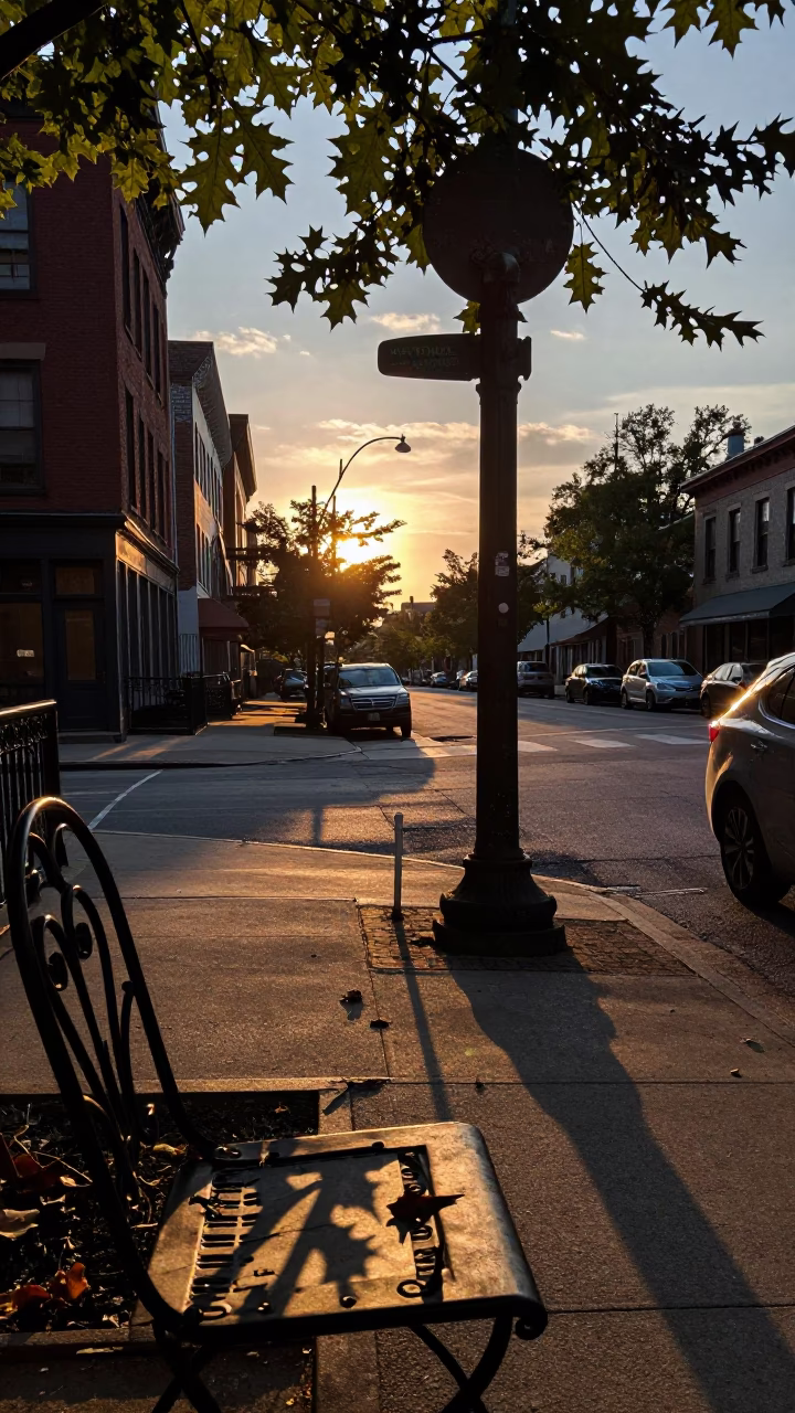 Chicago Sunset Street Scene with Leaf Shadows and Doorknob Detail in in Chicago, Illinois, United States