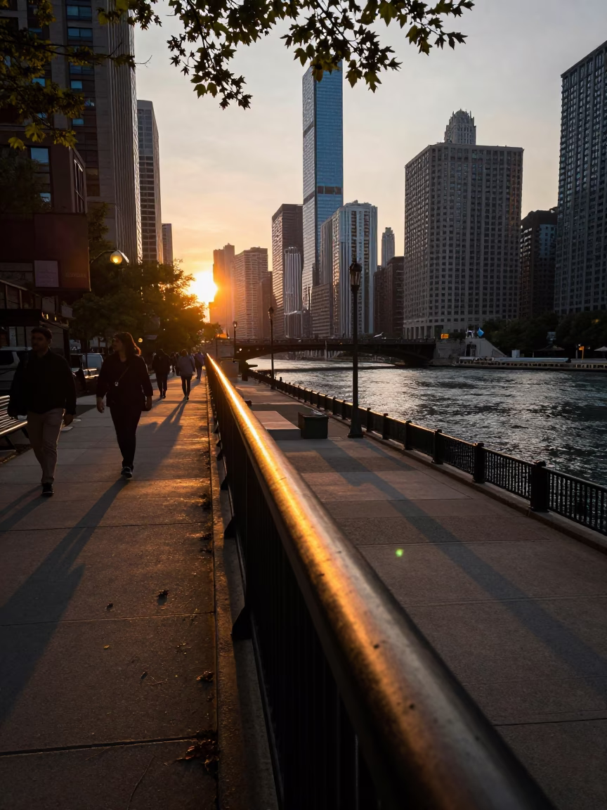 Chicago Sunset Street Scene with Leaf Shadows on Rail and Urban Architecture in in Chicago, Illinois, United States