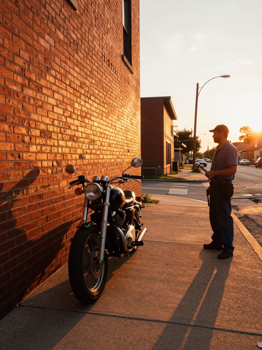 Chicago Sunset Street Scene with Motorcycle and Wrench Near Brick Building in in Chicago, Illinois, United States