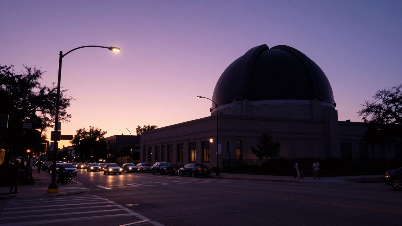 Chicago Sunset Street Scene with Observatory Silhouette and Casual Dining in in Chicago, Illinois, United States