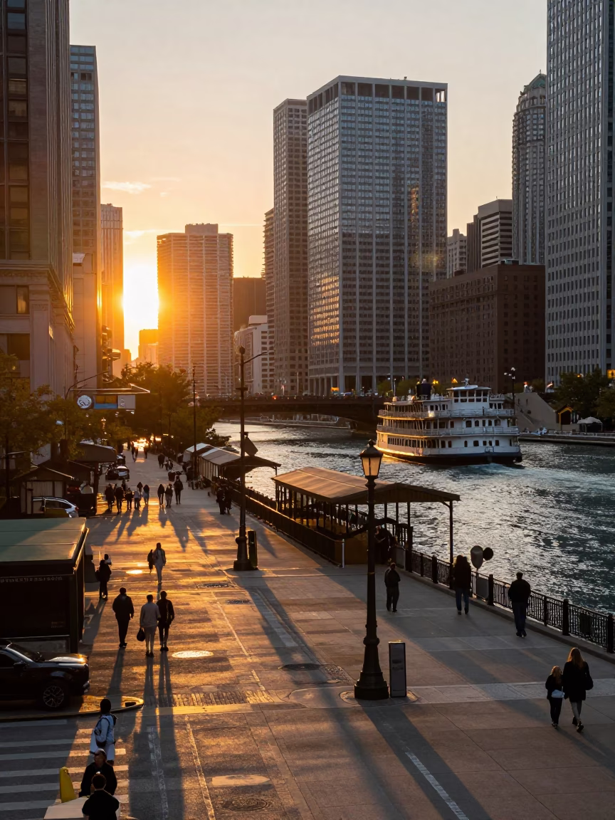 Chicago Sunset Street Scene with Paddlewheel Riverboat and Urban Infrastructure Details in in Chicago, Illinois, United States