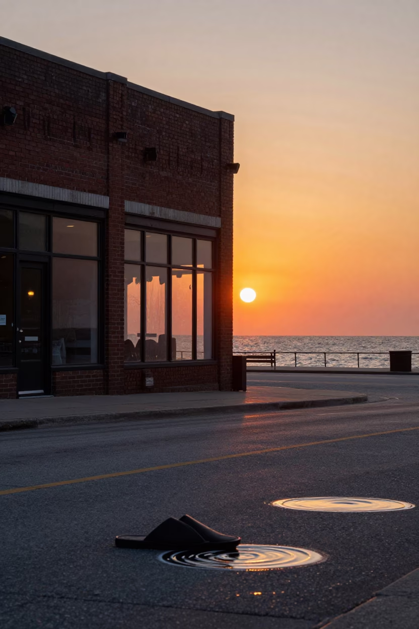 Chicago Sunset Street Scene with Slippers and Water Rings on Urban Countertop in in Chicago, Illinois, United States