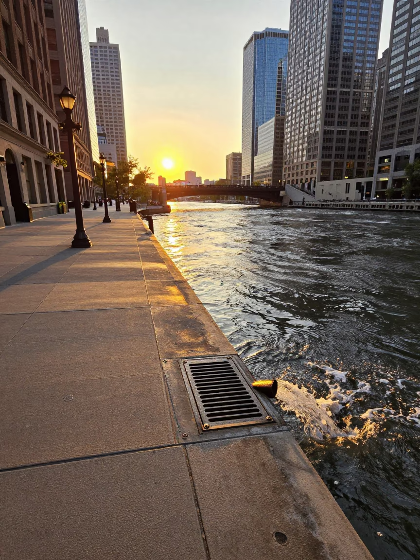 Chicago Sunset Street Scene with Storm Drain and River View in in Chicago, Illinois, United States
